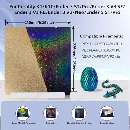 IdeaFormer-3D K1 K1C Build Plate 235x235mm, Rainbow Starry PEY+Textured PEI Spring Steel Sheet Flexible PEY PEI Plate for Creality K1/K1C/K1 SE/Ender 3 V3 SE/Ender 3 V3 KE/Ender 3 S1/Pro/Ender 5 S1 - color: Starry PEY+Textured Gold PEI