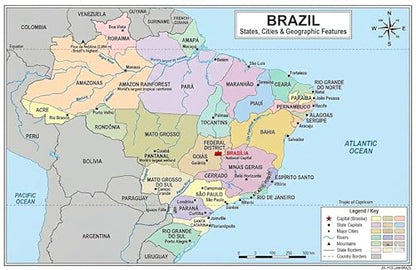 Brazil Map Poster 11x17 | Laminated Double-Sided Geography Chart with Color Map Front & Blank Outline Back | Reusable Classroom & Homeschool Learning Tool - color: Brazil