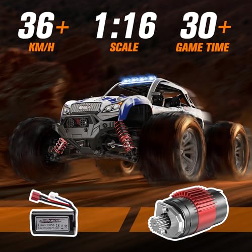 SIMREX 1/16 Scale Hobby Grade RC Car, 36 KPH High Speed 4WD Remote Control Monster Truck, All Terrain Off-Road 4x4 Vehicle w/ 2.4 GHz Radio, Electric RC Truck for Kids & Adults Outdoor Play