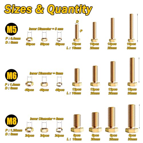 511Pcs M5 M6 M8 Hex Head Nuts and Bolts Assortment Kit, Heavy Duty Metric Bolt Assortment, Grade 8.8 Assorted Nuts and Bolts, Bolts Nuts & Washers, Yellow Zinc Plated, Length from 16-30mm By Mywish - color: Yellow, size: 511Pcs M5 M6 M8