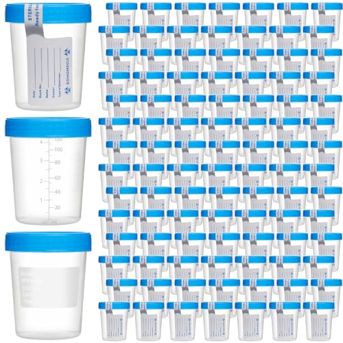 240 Pcs 4 oz Disposable Specimen Cups for Urine Fecal Testing with Leakproof Screw Lids Labels Blue Lids