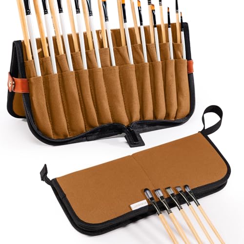 Stand Up Paint Brush Holder Case, 22-Slot Paintbrush Storage Bag Pop-Up - color: Caramel Brown, size: Large 6*13.5"