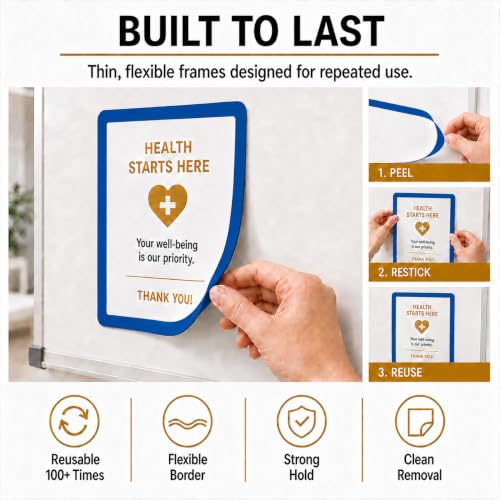 8.5 x 11 Adhesive Wall Frames - Peel & Stick Picture Frames, Wall Sign Holder, Paper Protector Sheets, Certificate Holders, Reusable Picture Frame, Dry Erase, Non Magnetic - Blue, Pack of 5 - color: blue