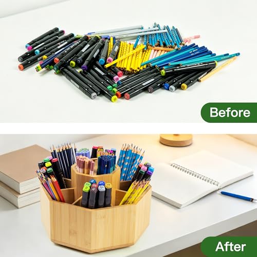 VaeFae 360 Rotating Bamboo Pen Holder for Desk, Art Supply Storage, Large - size: Large