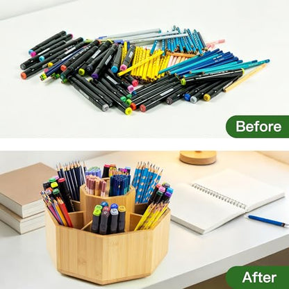 VaeFae 360 Rotating Bamboo Pen Holder for Desk, Art Supply Storage, Large - size: Large