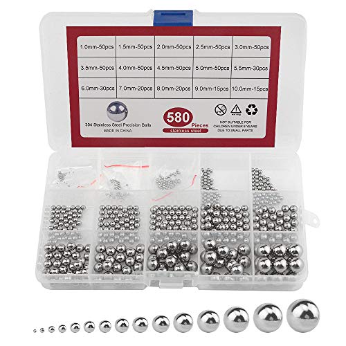 580Pcs 15Kinds 304 Stainless Steel Precision Chrome Steel Bearing Ball Assortment Kit for Repairing Bicycle