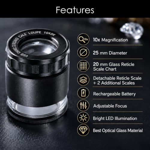 10X Rechargeable Jewelers Loupe Magnifier with LED Lights and 3 Reticle Scales, 25 mm Field of View, Adjustable Focus LED Scale Loupe Jewelry Magnifying Glass for Gems, Coins, Watch, Stamps, Plants - color: 3 Glass Reticle Scale