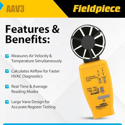Fieldpiece AAV3 Air Velocity and Temperature Accessory Head for HVAC Testing - Airflow Measurement, CFM Estimation, Anemometer Head with Real-Time & Average Readings