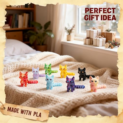 9 Pcs 3D Printed Cat Collection with Moving Joints, 3D Printed Kitty Figurines Bulk, Kawaii Cat Miniature Desk Toys, Small Animal Toys for Easter Egg Fillers, Flexible Fidget Toys for Kids - color: 9pcs Cat