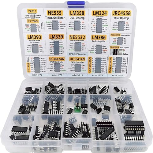 150Pcs XL IC Chip Assortment PC817 NE555 LM358 LM324 JRC4558 LM393 LM339 NE5532 LM386 PT2399 UC3842AN ULN2003AN ULN2803APG ICL7660s
