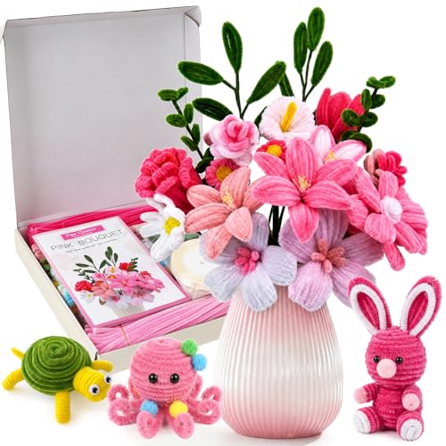 shaXsha Pipe Cleaner Flower Kit Bulk, 1160+ PCS All-in-One Beginner Craft Set with 650 PCS Pipe Cleaners, 500+ Beads & Eyes, Pink-Themed Materials for Creative DIY, Illustrated & Video Guides