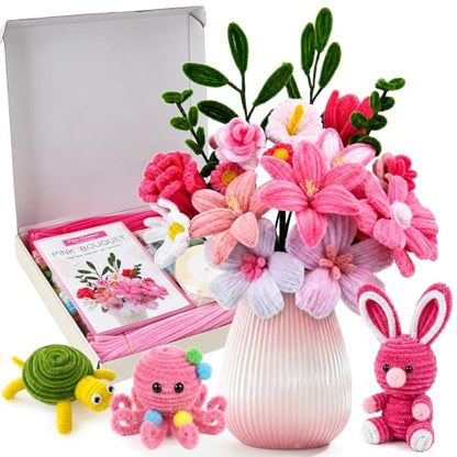 shaXsha Pipe Cleaner Flower Kit Bulk, 1160+ PCS All-in-One Beginner Craft Set with 650 PCS Pipe Cleaners, 500+ Beads & Eyes, Pink-Themed Materials for Creative DIY, Illustrated & Video Guides