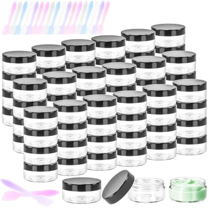 48PCS 10g Empty Clear Containers with Lids,Refillable Makeup Sample Containers, Small Sample Pot Jars Travel Makeup Container with Mini Spatulas for Liquid Powder Creams Lotions,Black Lid - color: Black, size: 10g