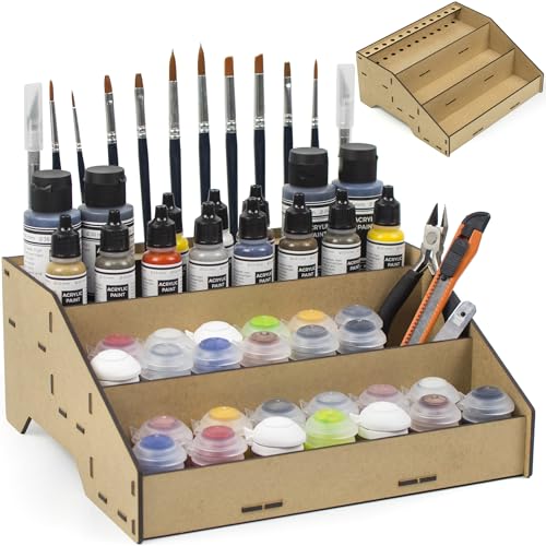PROSCALE Universal Paint Organizer Rack for Miniatures Modeling Paint Holder for all kind of Bottles + Brush/Tool Slots Compatible with Citadel, Vallejo, Army Painter, Tamiya, others (Module B) - color: Paint rack B