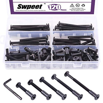 Swpeet 120Pcs M6x40mm/50mm/60mm/70mm/80mm Carbon Steel Black Hex Drive Socket Cap Bolts Barrel Nuts Kit with 1Pcs Hex Key, Screw Post Fit for Furniture Countsunk Belt Buckle Leather Binding Bolts - size: M6x40mm/M6x50mm/M6x60mm/M6x70mm/M6x80mm