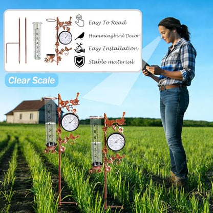 Rain Gauge Outdoor with Thermometer, Accurate & Easy to Read - color: Copper Hummingbird