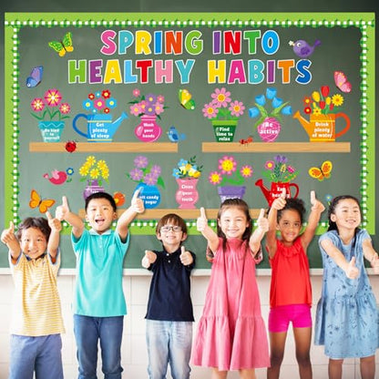 Spring Mental Health Awareness Bulletin Board Decorations Set Spring into Health Habits Theme Classroom Board Decor Flower Butterfly Bird Paper Cutouts for School Door Wall Chalkboard Party Supplies - style: Spring