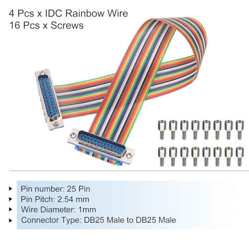 MECCANIXITY 4 Pcs IDC Rainbow Wire Flat Ribbon Cable DB25 Male to DB25 Male 11.8 Inch Length 2.54mm Pitch Breadboard Jumper Wires for Electronic Projects - size: 11.8 Inch, style: DB25 Male to DB25 Male