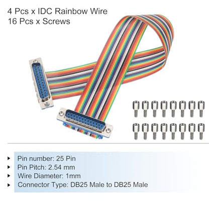 MECCANIXITY 4 Pcs IDC Rainbow Wire Flat Ribbon Cable DB25 Male to DB25 Male 11.8 Inch Length 2.54mm Pitch Breadboard Jumper Wires for Electronic Projects - size: 11.8 Inch, style: DB25 Male to DB25 Male