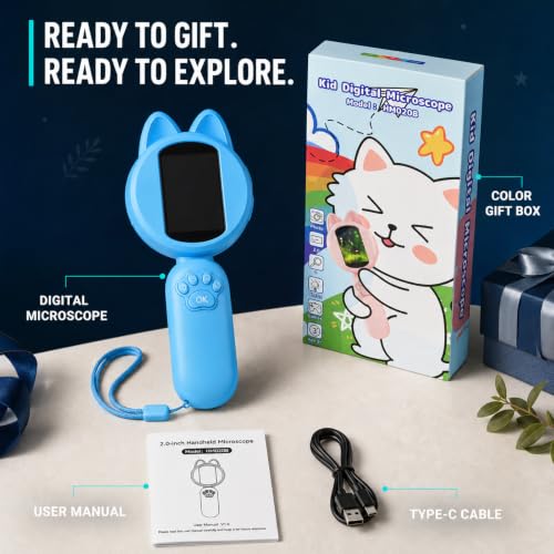 Kids Digital Microscope, 2-Inch Screen, 4X Zoom, 8 LEDs, Blue - color: Blue