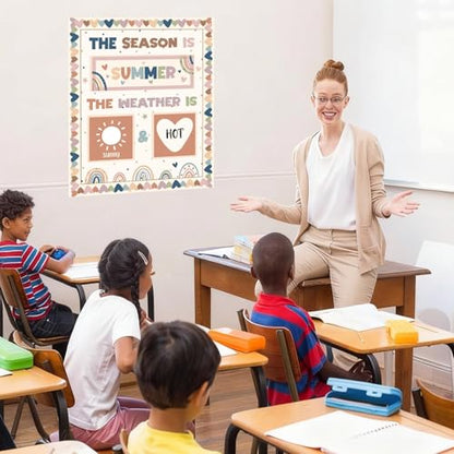 Boho Season and Weather Calendar Bulletin Board Season Calendar Posters with Weather Cards Hook and Loop Dots for Classroom Bulletin Board Wall Decor Preschool Kindergarten Student Teacher Supplies - style: Boho