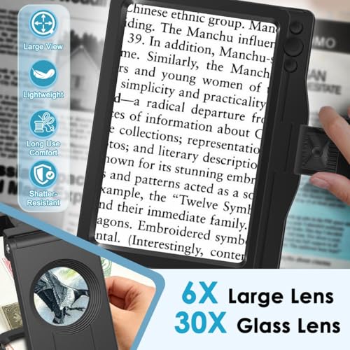 30X 6X Rechargeable Magnifying Glass for Reading, Large Full Page Magnifier with Folding Stand, 3 Color Light Modes, Dimmable LED Lighted, Hands Free Book Magnifier for Fine Prints Low Vision Seniors - color: Black