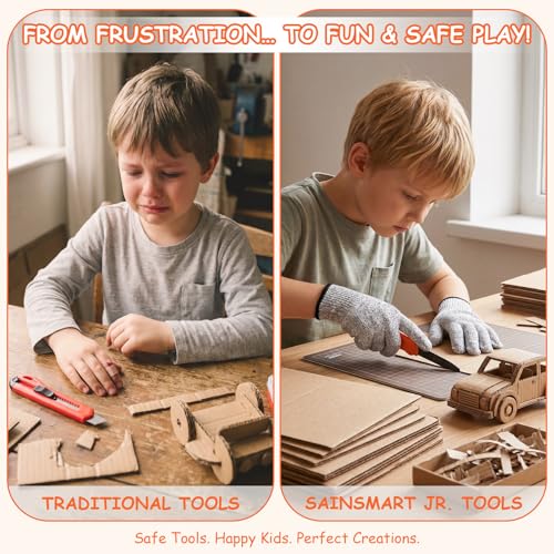 SainSmart Jr. Cardboard Tools for Kids with Safe Cutter, Tool Box & Tape Measure, 120 PCS Cardboard Construction Kit for Family & Classroom Activities | Reusable Cutting Tools for Boys & Girls Age 5+ - size: 120 PCS