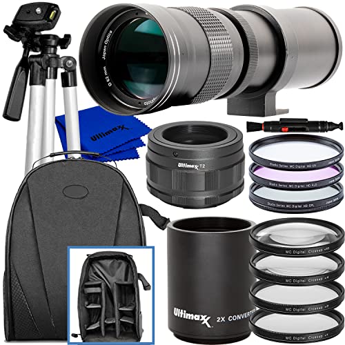 Ultimaxx 420-800mm f/8.3-16 Super HD Manual Telephoto Zoom T-Mount Lens + 2X Converter Essential Bundle for Canon EOS M5, M6, M6 Mark II, M10, M50, M50 Mark II, M100, M200 & Other EF-M Mount Cameras
