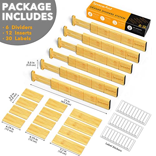 SpaceAid Bamboo Drawer Dividers with Inserts and Labels, Kitchen Adjustable Drawer Organizers, Expandable Organization for Home, Office, Dressers and Bathroom, 6 Dividers with 12 Inserts (13.25-17 in) - size: 13.25-17 inch
