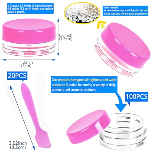 100 Pcs 3g Empty Plastic Containers with Lids,Tiny Makeup Sample Containers, Small Pot Jars Pink Round Cosmetic Jars with 20 Pcs Mini Spatulas for Liquid Sample Powder Creams (Pink Lid) - color: Pink, size: 100PCS