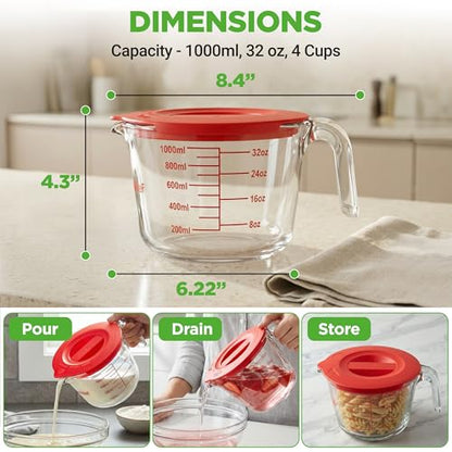 NutriChef 4 Cups Glass Measuring Cup with Lid (34 oz) - Heat-Resistant Borosilicate Liquid Measure Cup with Easy-Read Scale for Cooking, Baking and Food Storage, Dishwasher and Freezer Safe - size: 4 cup with lid