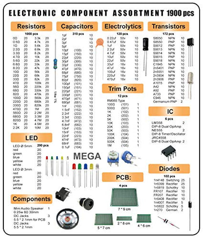 Mega Electronic Component Kit Assortment, Capacitors, Resistors, LED, Transistors, Diodes, 1n270 Germanium, DC Jacks, opamp, PCB, Speaker, 1900 pcs