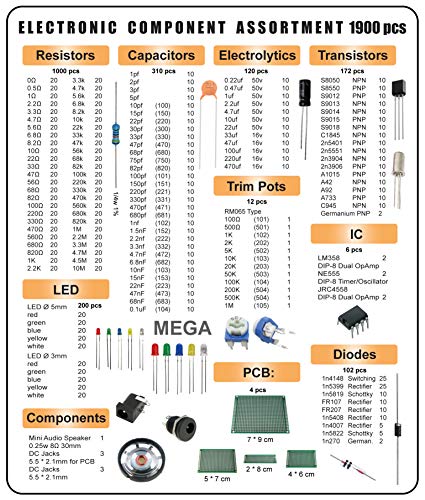 Mega Electronic Component Kit Assortment, Capacitors, Resistors, LED, Transistors, Diodes, 1n270 Germanium, DC Jacks, opamp, PCB, Speaker, 1900 pcs