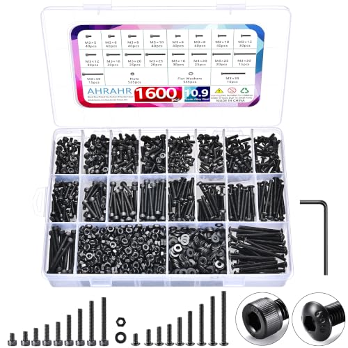 M3 Metric Screw Kit, 1600 Piece, 10.9 Button and 12.9 Cap Head - color: Black-Hex Socket Cap & Button Head 1600 Pcs