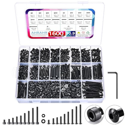 M3 Metric Screw Kit, 1600 Piece, 10.9 Button and 12.9 Cap Head - color: Black-Hex Socket Cap & Button Head 1600 Pcs