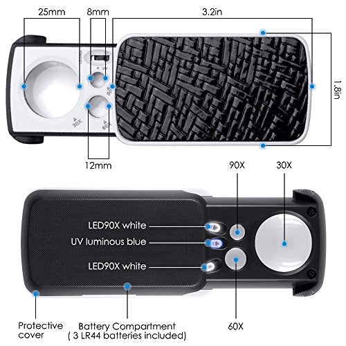 Jewelry Loupe Magnifier with UV LED Light, AFUNTA 30X 60X 90X Slide Out Pocket Magnifying Glass for Jewelry Diamonds Gems Coins Stamps Rocks Watches Hobbies Antiques Models Photos -Black