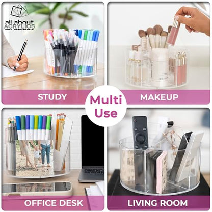 Acrylic Marker Organizer - Multipurpose 360 Rotating Holder for Pencil, Pen, Makeup Brushes, Crayon, Arts and Crafts Supplies - Clear Spinning Lazy Susan Non-Slip Organizing Caddy with Photo Slots