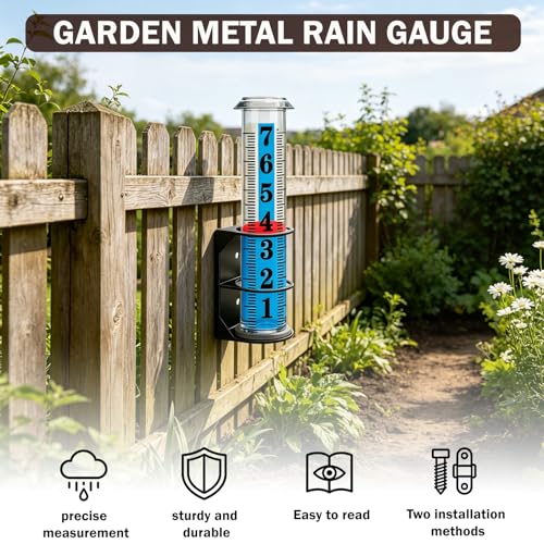 JMBay Rain Gauge Outdoor,7" Rain Gauges Outdoors Best Rated with Metal Rack Holder, Freeze Proof Rain Measure Gauge, Easy to Read with Red Float, Large Font Plastic Replacement Tube for Yard Garden