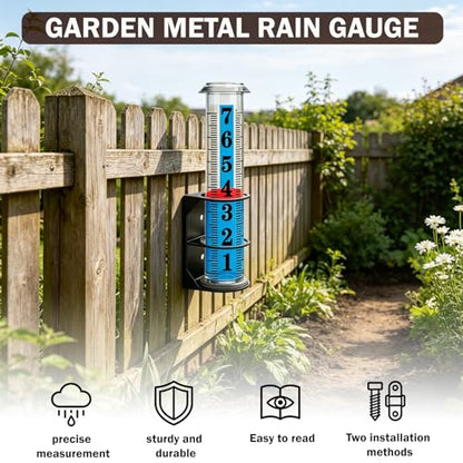 JMBay Rain Gauge Outdoor,7" Rain Gauges Outdoors Best Rated with Metal Rack Holder, Freeze Proof Rain Measure Gauge, Easy to Read with Red Float, Large Font Plastic Replacement Tube for Yard Garden