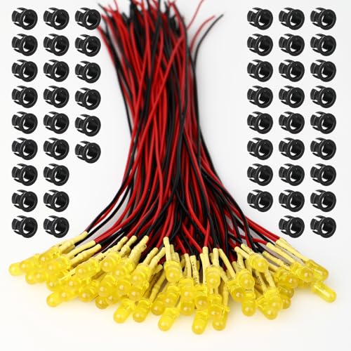 50PCS 5mm Yellow Pre-Wired LEDs, 3-12V DC with Inline Resistors - color: Yellow / 50 Pcs