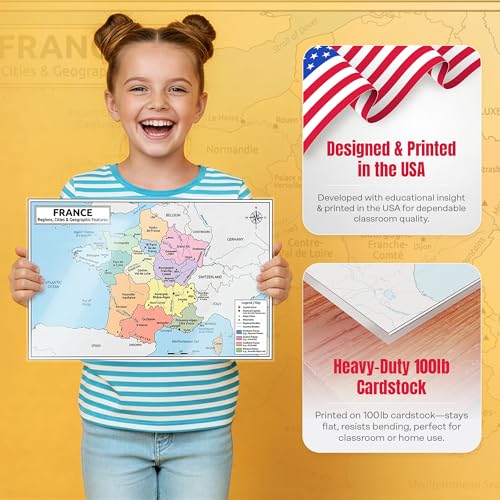 France Map Poster 11x17 | Laminated Double-Sided Geography Chart with Color Map Front & Blank Outline Back | Reusable Classroom & Homeschool Learning Tool - color: France