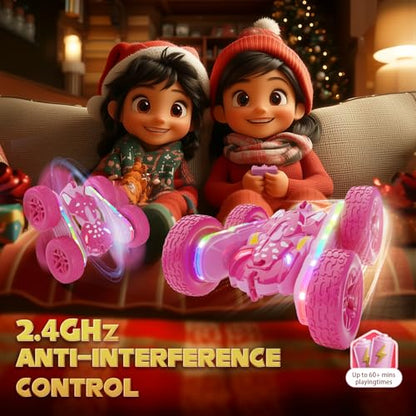Terucle Remote Control Car for Girls, Pink RC Cars Stunt RC Car Girl Toys for Girls Double-Sided 360° Rotating with Headlights 4WD Kid Toys for Birthday Gifts (Pink) - color: Pink