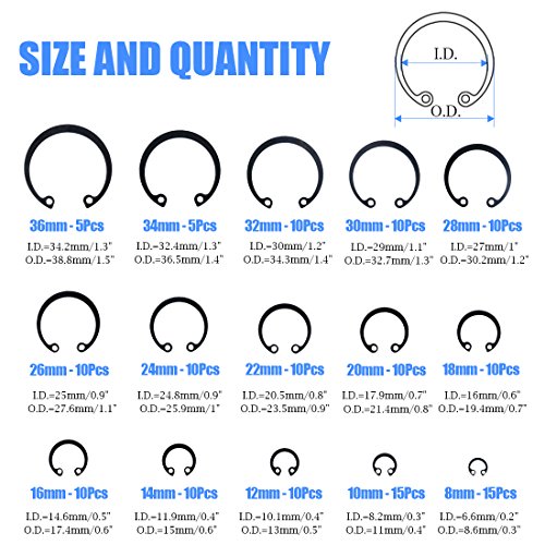 Glarks 150-Pieces 15 Size Metric Alloy Steel Internal Circlips Snap Retaining Ring Assortment Kit
