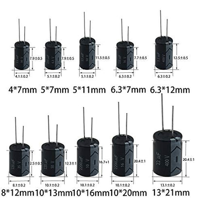 Electrolytic Capacitors 2.2uF 22uF 220uF 2200uF 6.3V 10V 16V 25V 50V 63V 100V 250V 400V Used in Toys Home Appliances Smart Meters Lighting Audio18Value 300Pcs XUANSN Capacitor Kit