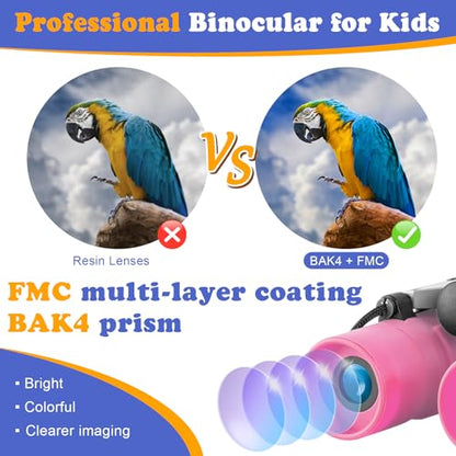 Real Binoculars for Kids Gifts for 3-12 Years Boys Girls 8x21 High-Resolution Optics Compact Toy Binocular for Bird Watching,Travel, Camping - color: Pink