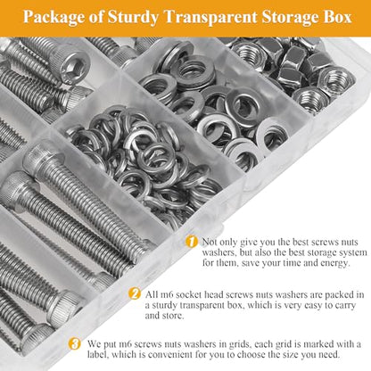 118 Pieces M6 Screws Nuts Washers Set, Sutemribor M6 x 10/12/16/20/25/30/35mm Hex Socket Head Cap Screws Nuts Washers Assortment Kit, 304 Stainless Steel, Fully Threaded - size: M6, style: Socket Head