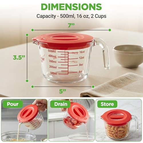 NutriChef 2 Cups Glass Measuring Cup with Lid (19 oz) - Heat-Resistant Borosilicate Liquid Measure Cup with Easy-Read Scale for Cooking, Baking and Food Storage, Dishwasher and Freezer Safe - size: 2 cup with lid