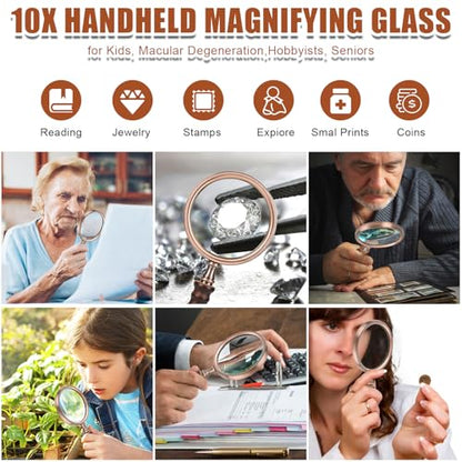 10X Handheld Magnifying Glass Vintage Reading Magnifier with Wooden Handle