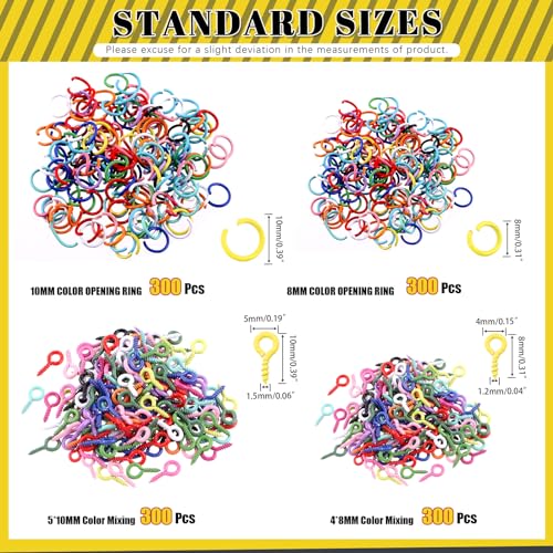 1200Pcs 8mm 10mm Colorful Mini Screw Eye Pins & Open Jump Rings Kit