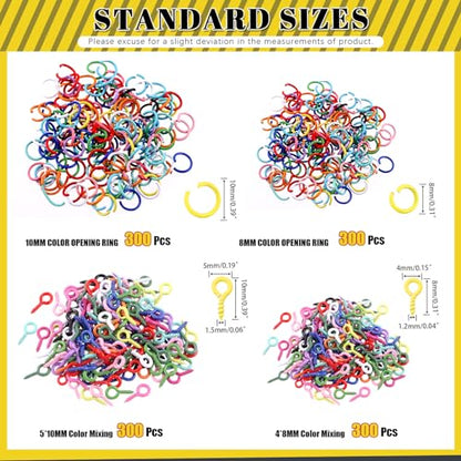 1200Pcs 8mm 10mm Colorful Mini Screw Eye Pins & Open Jump Rings Kit
